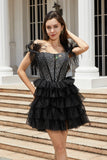 Sparkly Black Beaded Corset A-Line Short Homecoming Dress with Feathers
