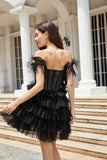 Sparkly Black Beaded Corset A-Line Short Homecoming Dress with Feathers