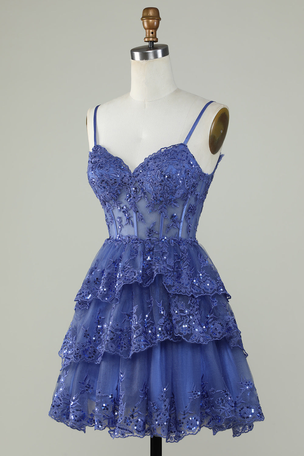 Cute A Line Spaghetti Straps Dark Blue Sparkly Corset Homecoming Dress