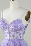 Cute A Line Spaghetti Straps Dark Blue Sparkly Corset Homecoming Dress