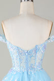 Sparkly Blue Corset Tiered Lace A-Line Short Homecoming Dress