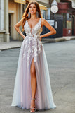 Grey Pink A Line Deep V Neck Long Prom Dress with Appliques