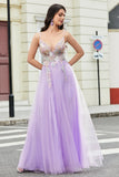 Gorgeous A Line Spaghetti Straps Lilac Long Prom Dress with Appliques