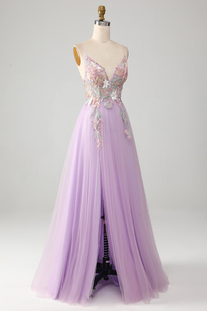 A-line Spaghetti Strap Lilac Prom Dress with Flowers     fg2615 main image 1