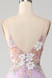 Glitter A-Line Spaghetti Straps Lilac Long Prom Dress with Flowers
