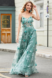 Green Spaghetti Straps A Line Prom Dress with Appliques
