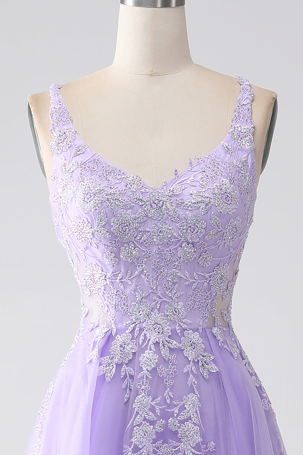 Lilac A-Line Spaghetti Straps Tulle Long Prom Dress with Appliques