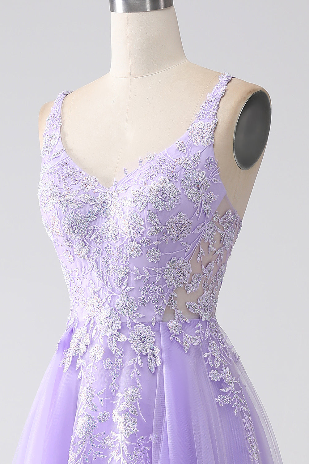 Lilac A-Line Spaghetti Straps Tulle Long Prom Dress with Appliques