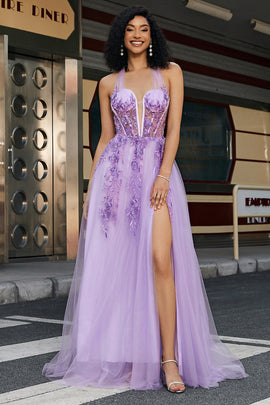 Gorgeous A Line Halter Neck Grey Purple Corset Prom Dress with Appliques