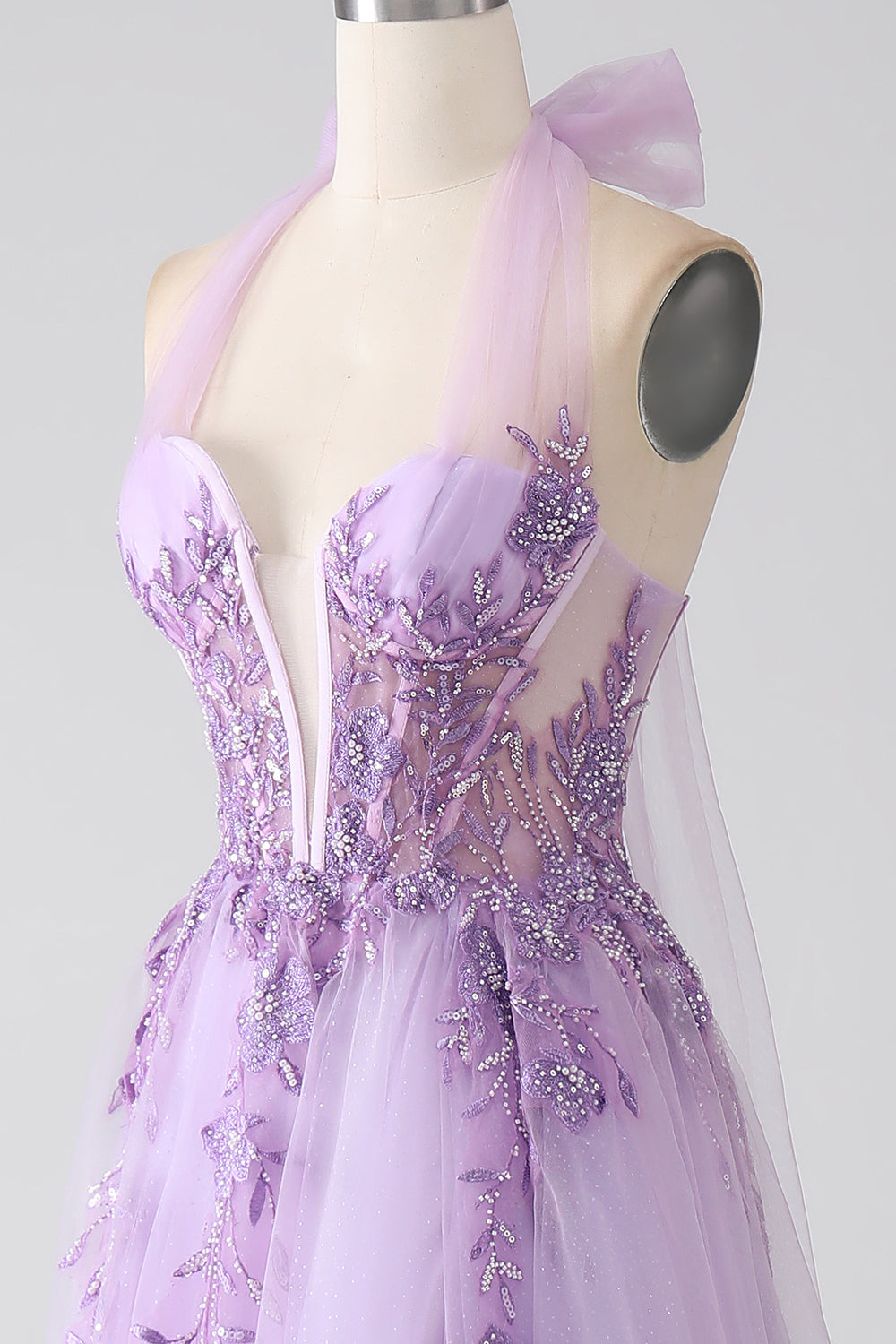 Zapakasa Women Grey Purple A-Line Halter Neck Beaded Long Prom Dress with Appliques Zapakasa Women Grey Purple A-Line Halter Neck Beaded Long Prom Dress with Appliques