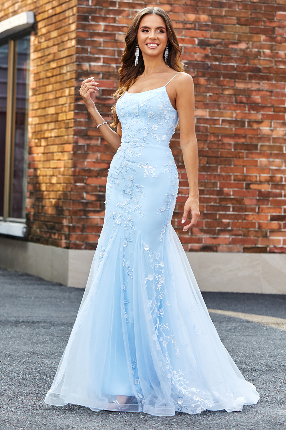 Zapakasa Women Light Blue Sparkly Beaded Mermaid Long Prom Dress Spaghetti Straps Tulle Formal Dress Zapakasa Women Light Blue Sparkly Beaded Mermaid Long Prom Dress Spaghetti Straps Tulle Formal Dress