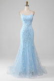 Mermiad Blush Spaghetti Straps Prom Dress with Appliques