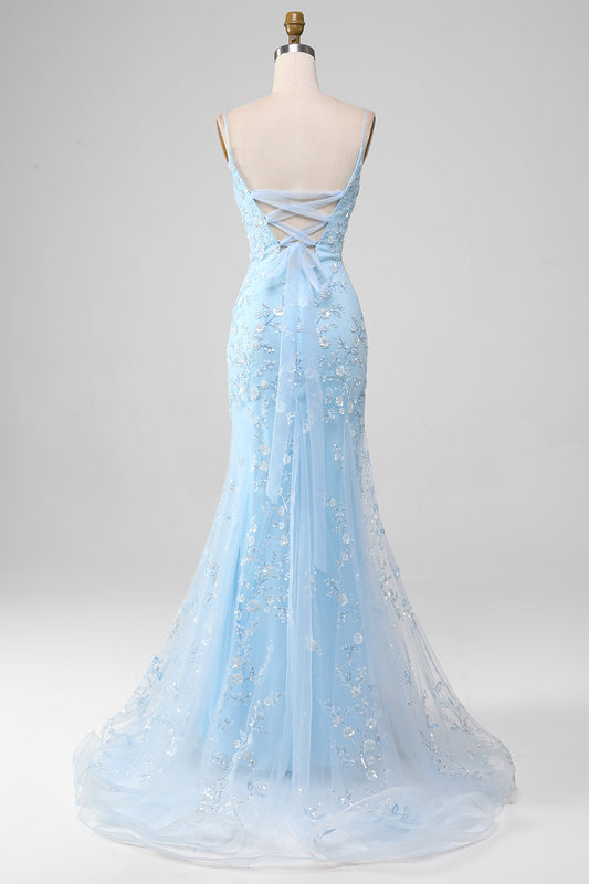 Sparkly Light Blue Beaded Mermaid Long Prom Dress