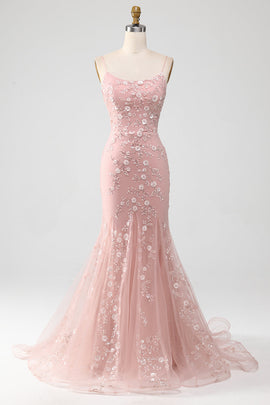 Elegant Blush Prom Dress with Lace Mermaid Floral Pageant Dress with 