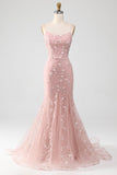 Elegant Blush Prom Dress with Lace Mermaid Floral Pageant Dress with 