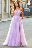 Off The Shoulder Lilac A-Line Beaded Corset Prom Dress