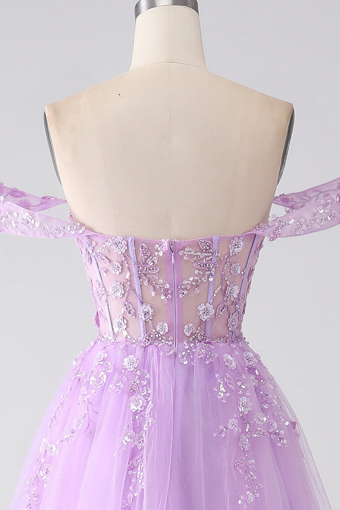 Zapakasa Women Lilac A-Line Off The Shoulder Beaded Long Corset Prom Dress
