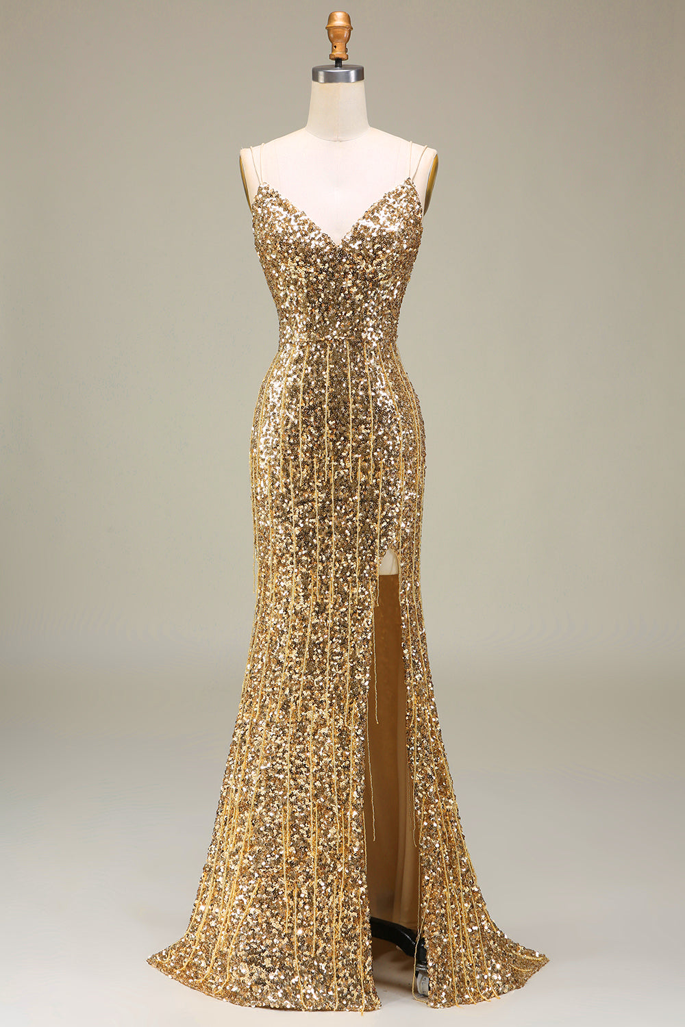 Sparkly Mermaid Golden Long Prom Dress with Slit