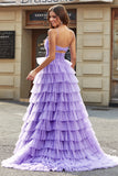 Tulle A-Line Purple Tiered Long Prom Dress with Slit