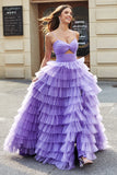 Tulle A-Line Purple Tiered Long Prom Dress with Slit
