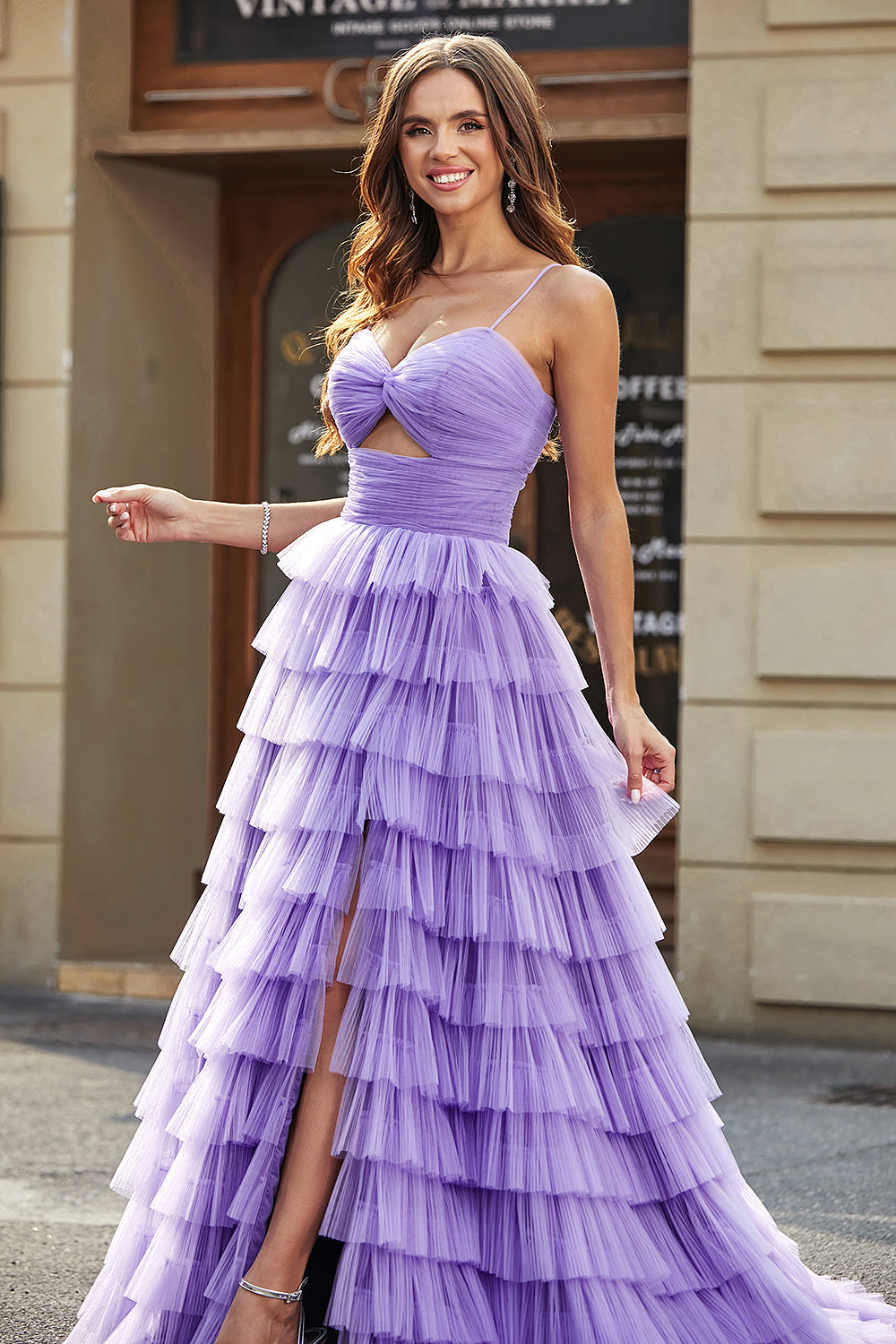 Tulle A-Line Purple Tiered Long Prom Dress with Slit