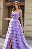 Tulle A-Line Purple Tiered Long Prom Dress with Slit
