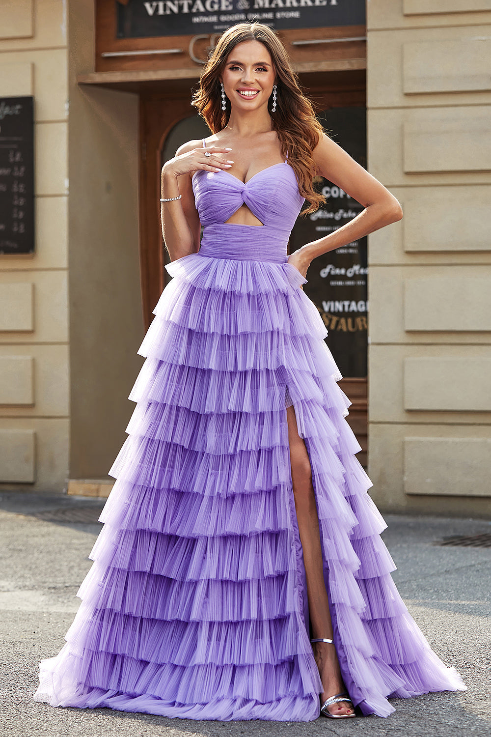 Tulle A-Line Purple Tiered Long Prom Dress with Slit