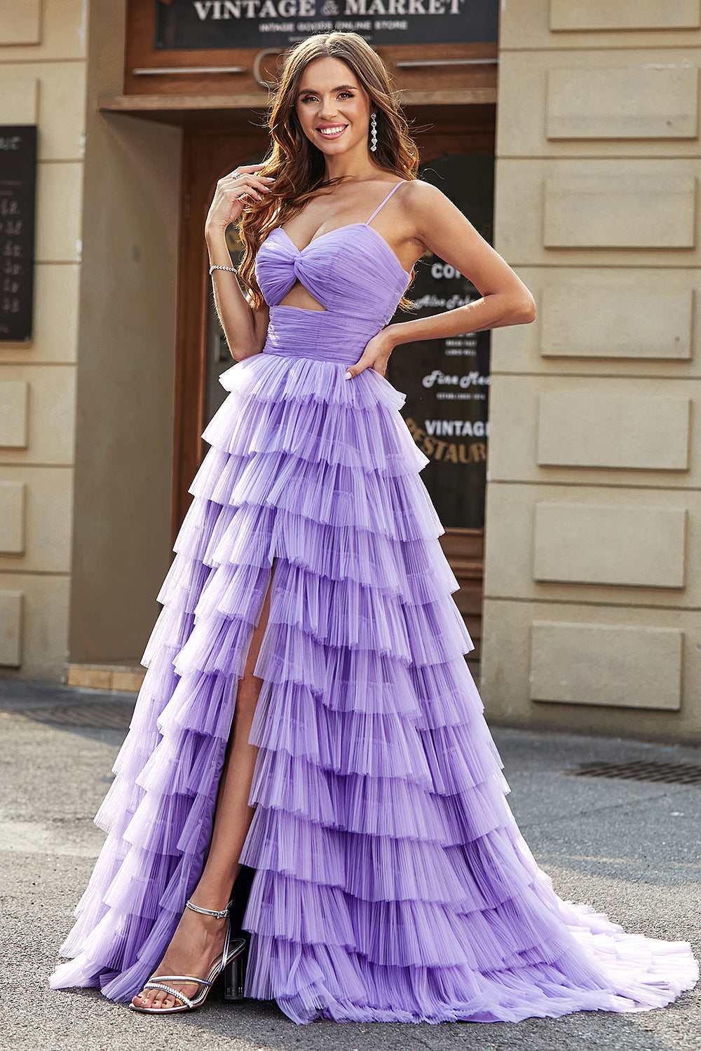 Tulle A-Line Purple Tiered Long Prom Dress with Slit