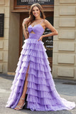 Tulle A-Line Purple Tiered Long Prom Dress with Slit