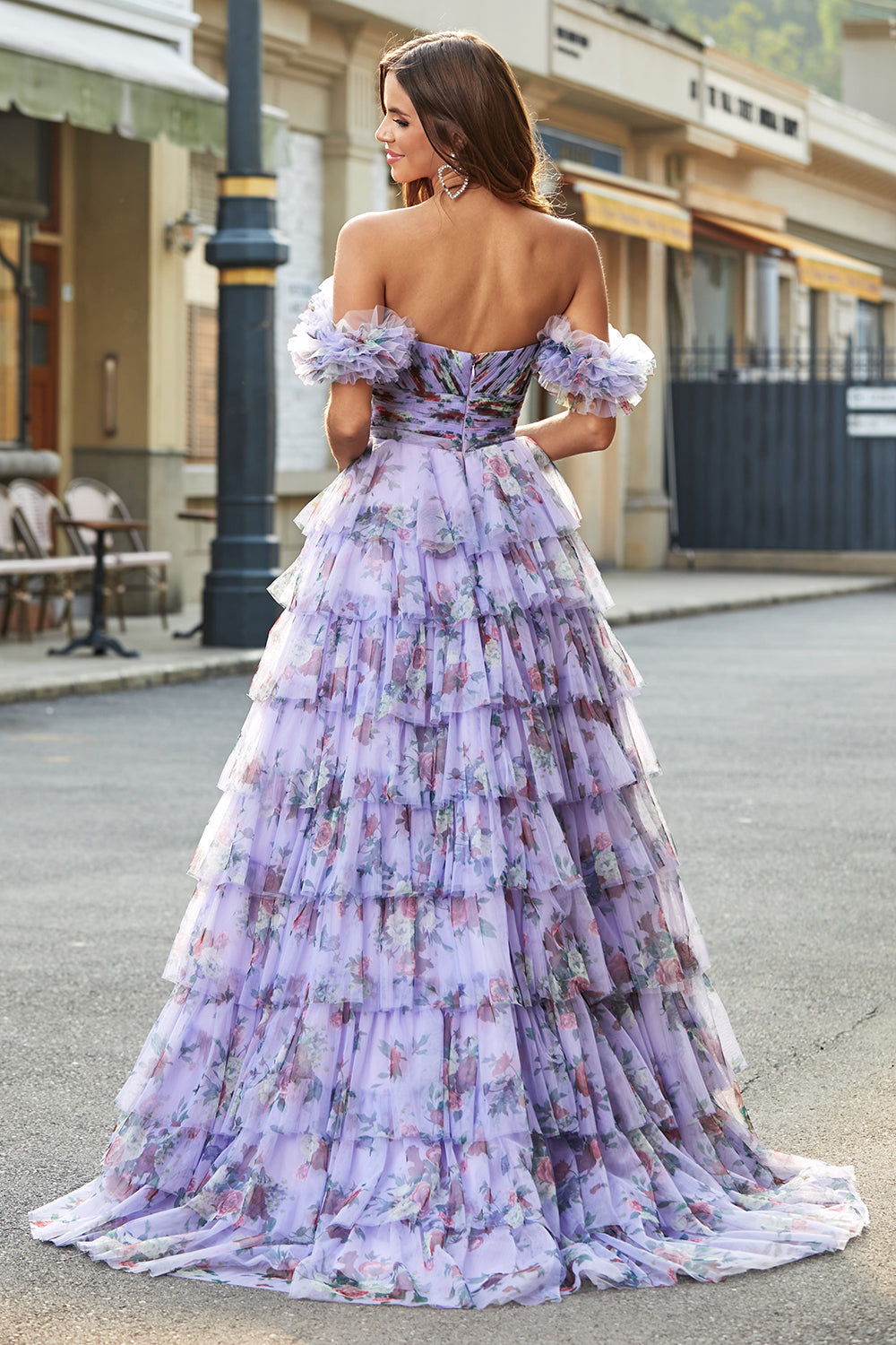 Zapakasa Women Off the Shoulder Floral Printed Tiered Prom Dress with Pleated A Line Tulle Formal Dress Zapakasa Women Off the Shoulder Floral Printed Tiered Prom Dress with Pleated A Line Tulle Formal Dress