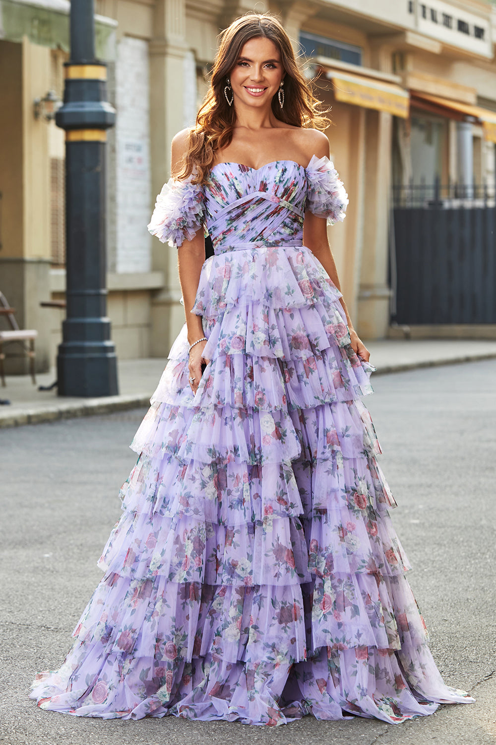 Zapakasa Women Off the Shoulder Floral Printed Tiered Prom Dress with Pleated A Line Tulle Formal Dress Zapakasa Women Off the Shoulder Floral Printed Tiered Prom Dress with Pleated A Line Tulle Formal Dress