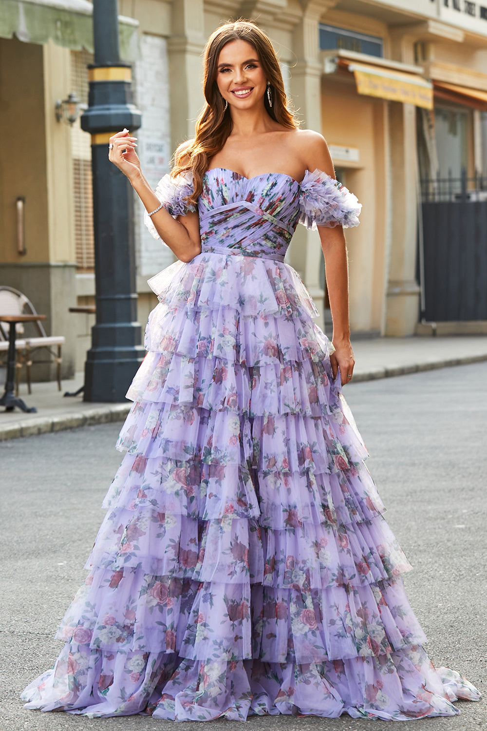 Zapakasa Women Off the Shoulder Floral Printed Tiered Prom Dress with Pleated A Line Tulle Formal Dress Zapakasa Women Off the Shoulder Floral Printed Tiered Prom Dress with Pleated A Line Tulle Formal Dress