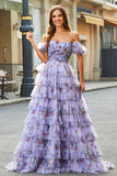 Gorgeous A Line Off the Shoulder Lavender Printed Long Prom Dress with Ruffles