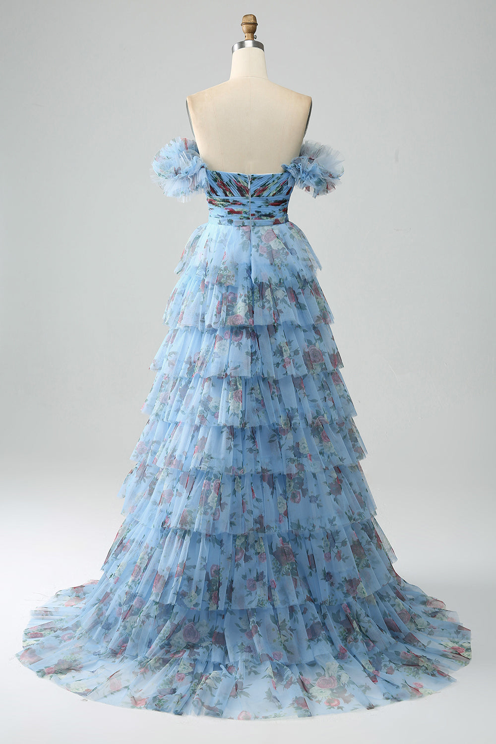 Zapaka Women Off The Shoulder Floral Printed Tiered Prom Dress with Pleated A Line Tulle Formal Dress, Blue / US22W Zapaka Women Off The Shoulder Floral Printed Tiered Prom Dress with Pleated A Line Tulle Formal Dress, Blue / US22W