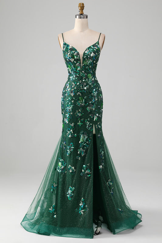 Mermaid Lace-Up Back Dark Green Prom Dress with Appliques