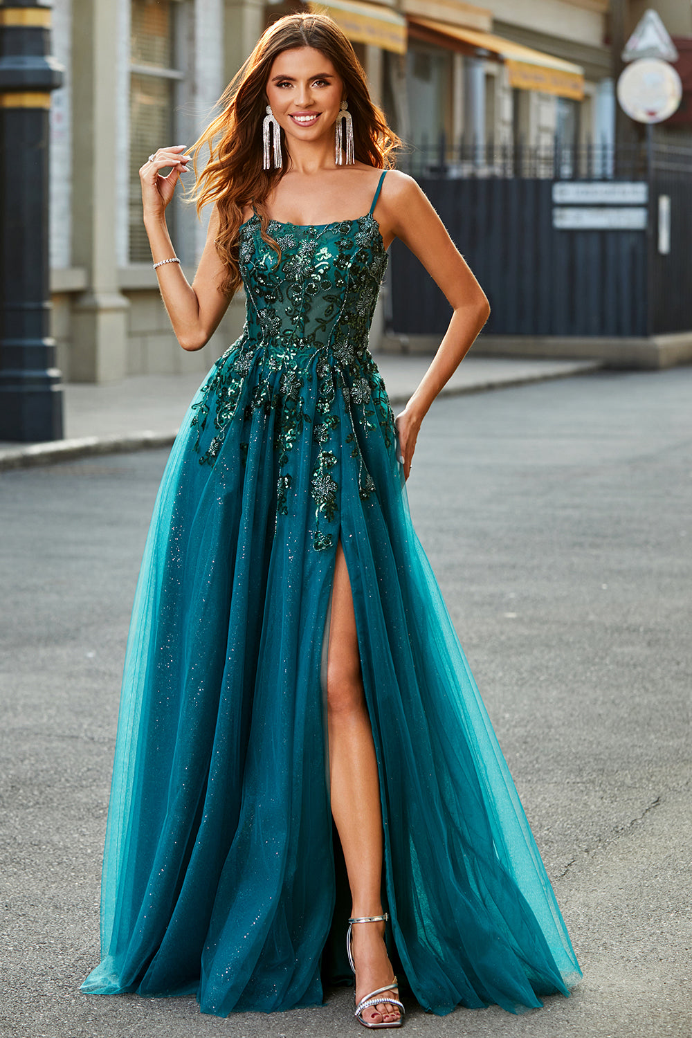 Zapakasa Women Dark Green Prom Dress Tulle Spaghetti Straps A Line Evening Dress with Slit Zapakasa Women Dark Green Prom Dress Tulle Spaghetti Straps A Line Evening Dress with Slit