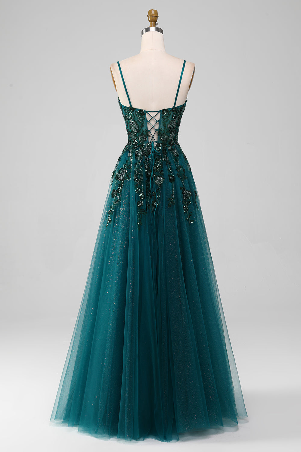 Zapakasa Women Dark Green Prom Dress Tulle Spaghetti Straps A Line Evening Dress with Slit Zapakasa Women Dark Green Prom Dress Tulle Spaghetti Straps A Line Evening Dress with Slit