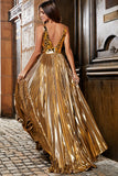 Stunning A Line V-Neck Golden Long Prom Dress with Split Front