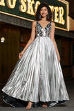 Sparkly A-Line V-Neck Silver Mirror Prom Dress with Slit