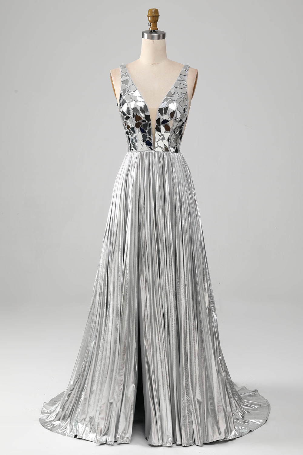 Zapakasa Women Sparkly Silver Prom Dress with Slit A-Line V-Neck Party