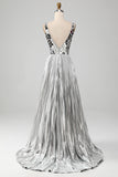 Sparkly A-Line V-Neck Silver Mirror Prom Dress with Slit