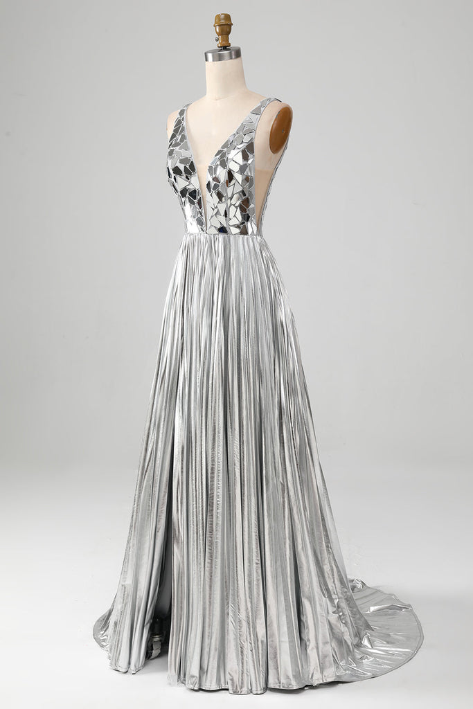 Full of charm Sparkly V-Neck Golden Corset Long Prom Dress With Slit main image 1