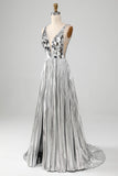 Sparkly A-Line V-Neck Silver Prom Dress with Slit