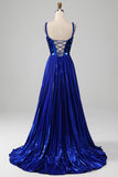 Sparkly Lace-Up Back Royal Blue Prom Dress with Slit