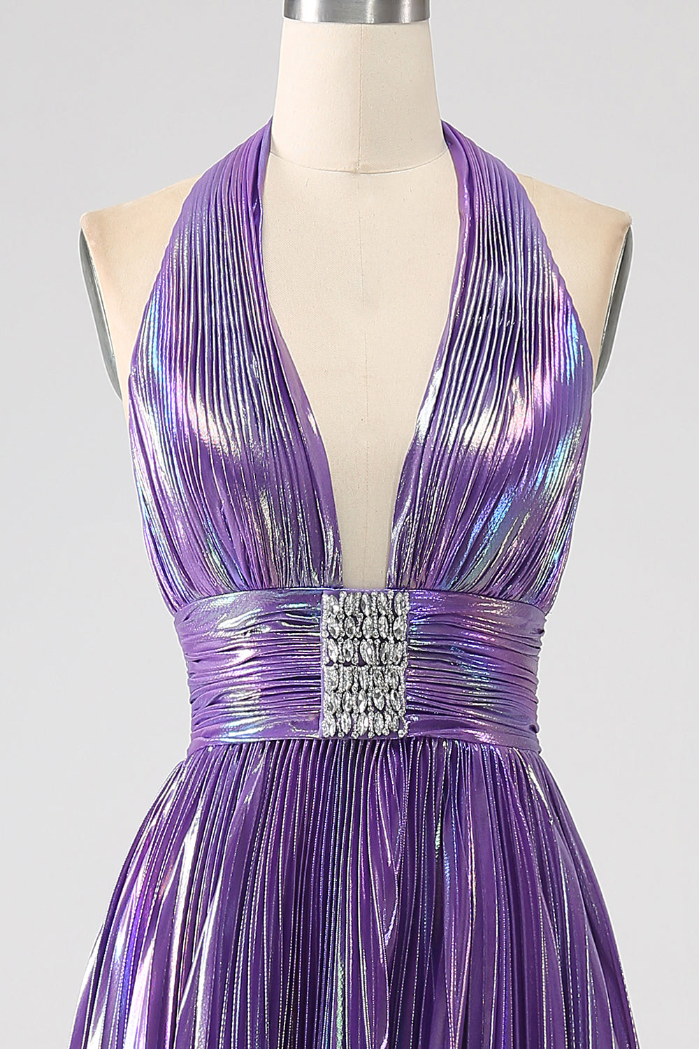 Glitter Purple Pleated Metallic Long Prom Dress with Slit