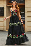 Gorgeous A Line Spaghetti Straps Black Long Prom Dress with Embroidery