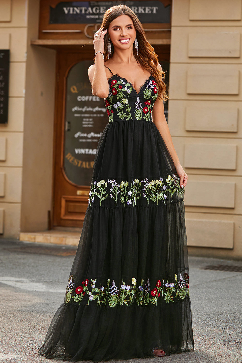 Gorgeous A Line Spaghetti Straps Black Long Prom Dress with Embroidery