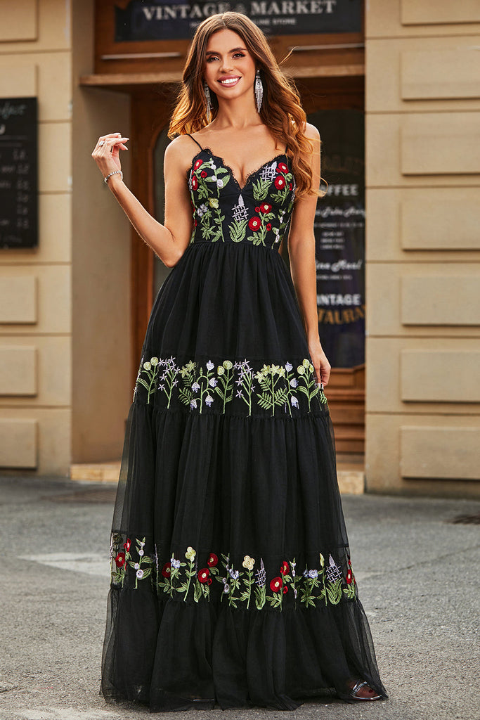 Black A Line Spaghetti Straps Corset Long Ball Dress with Embroidered Floral