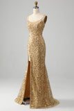 Golden Mermaid Spaghetti Straps Sequined Prom Dress With Slit