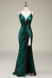 Mermaid Spaghetti Straps Dark Green Prom Dress with Slit
